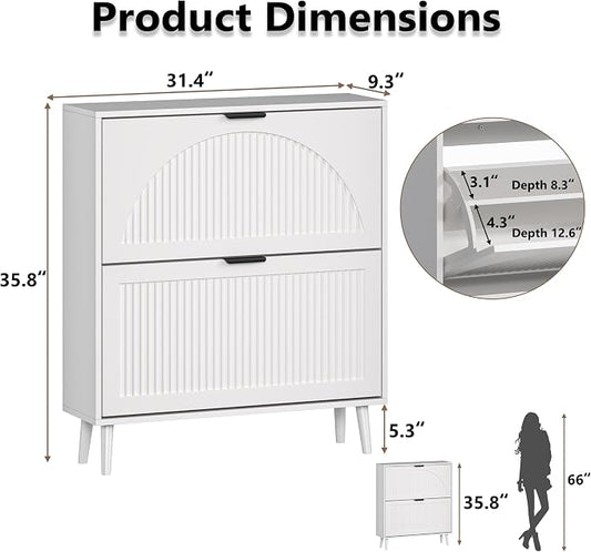 BORNOON Shoe Cabinet for Entryway with 2 Flip Drawers, Slim Wooden Shoe Storage Organizer with Modern Fluted Pannel,Freestanding Narrow Hidden Shoe Rack for Hallway, Foyer, Living Room