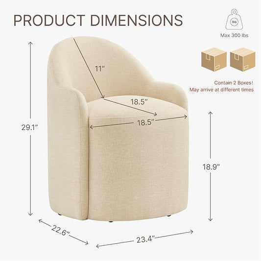 KISLOT Upholstered Dining Chairs with Casters, No Assembly Modern Dining Room Chairs Accent Vanity Chair with 5 Wheels & Round Backrest for Bedroom, Living Room, Dressing, Sand Fabric, Set of 2