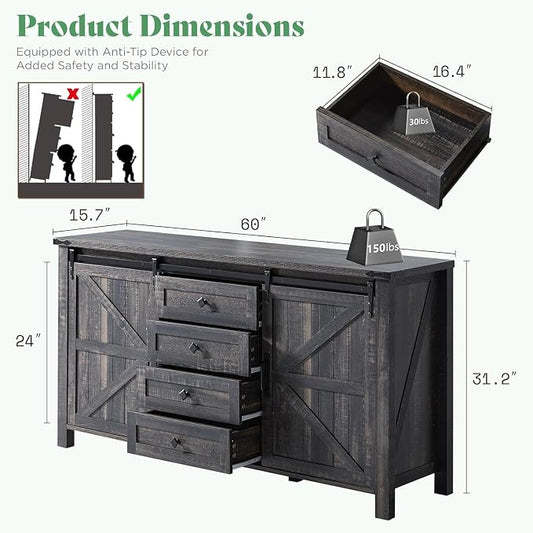 AMERLIFE 3-Piece Farmhouse Bedroom Furniture Set with Dresser and 2 Nightstands, Sliding Barn Door Wood Storage Set for Bedroom and Dining Room, Black Oak