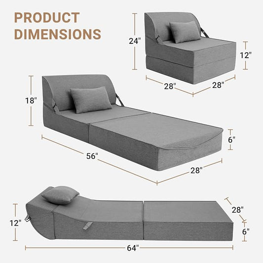 BeBen Folding Sofa Bed Chair, Convertible Sleeper Chair Futon Couch, Foldable Boneless Floor Lounge Sofa, Single Foam Chair Bed for Small Spaces, Dorm, Guest Room, Living Room, Apartment, Dark Grey