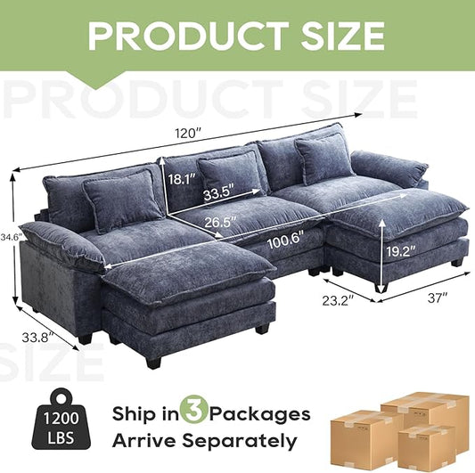 Oprisen 120" Modular Sectional Sofa, Comfy Cloud Couch Sectional Sofa with Ottoman, Chenille Sofa Sleeper Deep Seat Sofa with Throw Pillows for Living Room (Blue, 120"- U Shape)