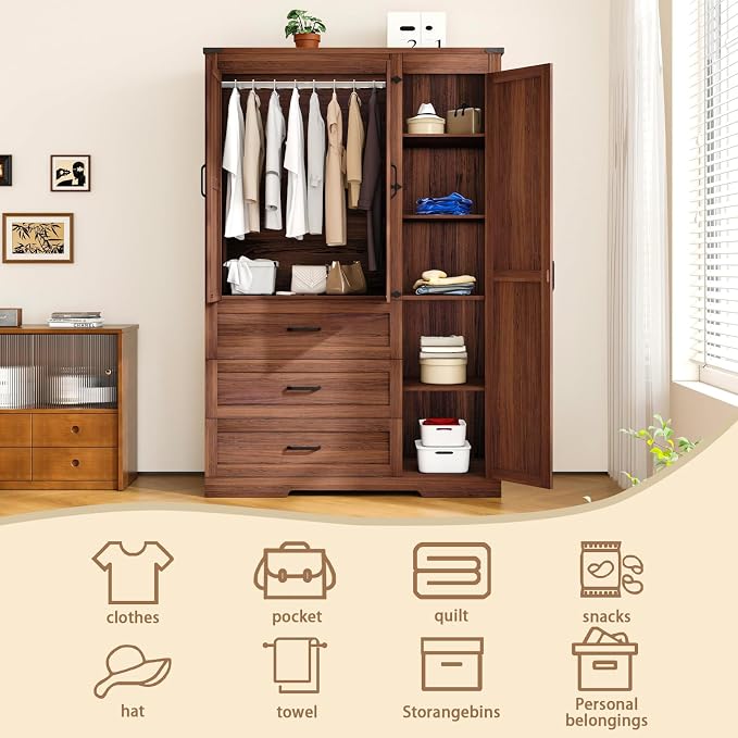 3 Door Armoire Wardrobe Closet Cabinet with 3 Drawers and Drawers, Farmhouse Bedroom Armoire with Hanging Rod and Adjustable Shelves, Large Capacity Storage Wardrobe Armoire for Bedroom, Brown