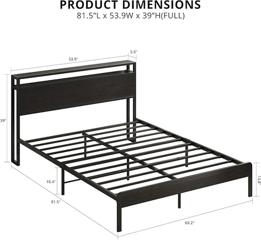 LIKIMIO Full Bed Frame with Headboard, Dark Wood Camas Full with Strong Supports, Sturdy, Noise-Free, No Box Spring Needed, Classic Black