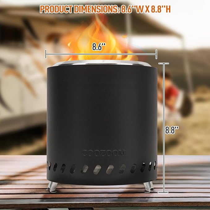 Portable Table Top Fire Pit with Stand, 8.6" Stainless Steel Mini Outdoor Low Smoke Burning Tabletop Firepit Fueled by Pellets or Wood, for Outside Camping Black