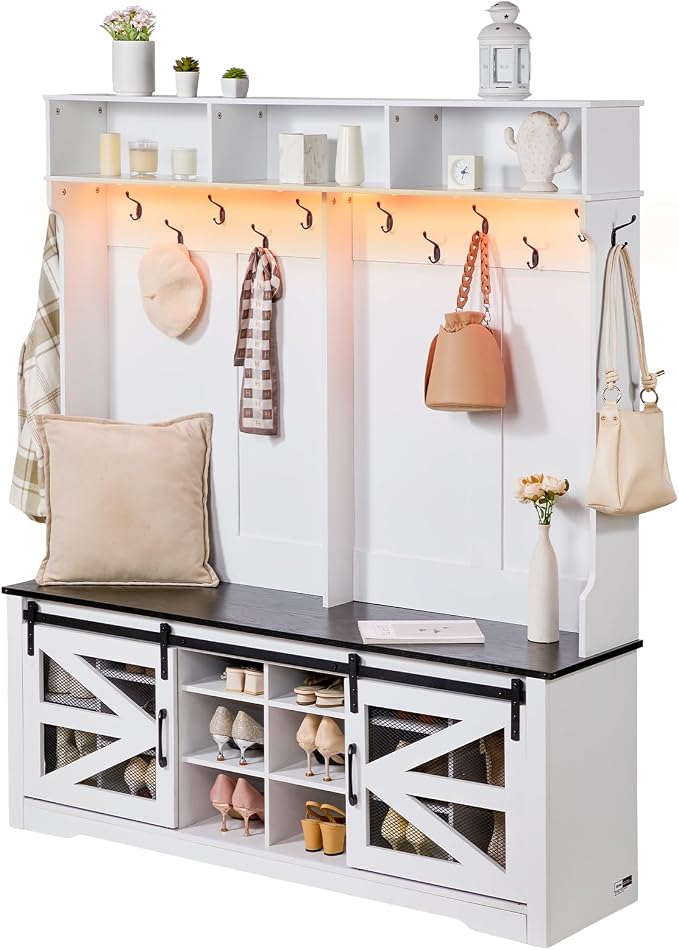 VEVOR Hall Tree Entryway Bench, LED Coat Rack with Shoe Storage, 59" Wide Mudroom Bench with Storage and Seating, Adjustable Shelves and 12 Hanging Hooks, for Mudroom, Entryway, Hallway