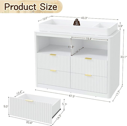 Nursery Dresser, 4 Large Drawers Wood Baby Changing Dresser with Raised and Detachable Changing Table Top, Fluted Chest with Gold Handles, Baby Storage Organizer for Kids Bedroom, Nursery Room, White