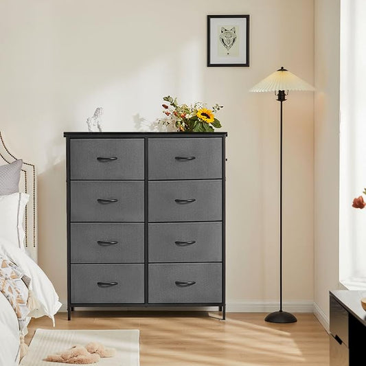 DUMOS 8 Drawer Dresser for Bedroom, Fabric Storage Organizer | Wooden Top Chest of Drawers with Sturdy Metal Frame for Closet, Entryway, Grey