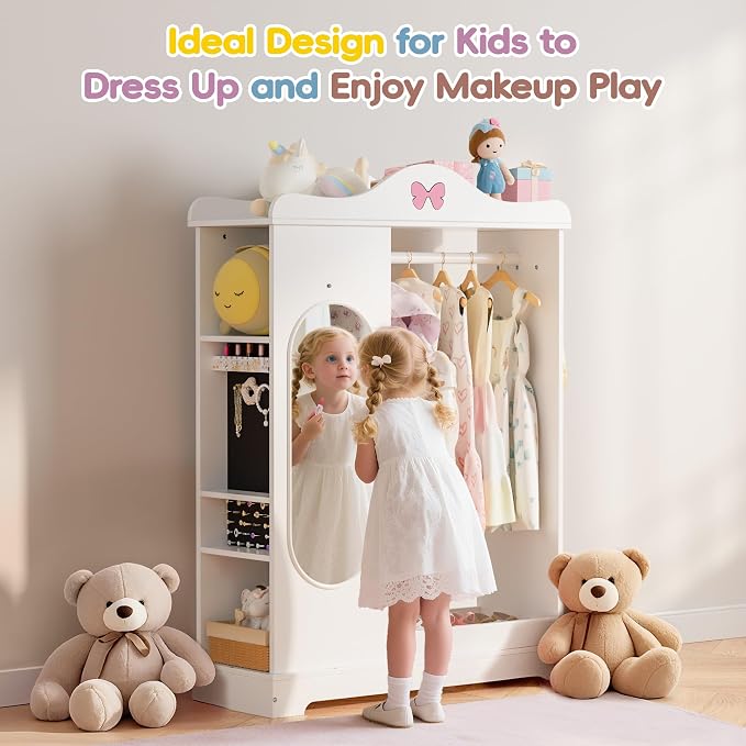 Kids Armoire with Jewelry Cabinet, Kids Dress Up Storage with Shelves, Girls Wardrode Costume Organizer with Full Length Mirror, Children Closet with Armoire for Bedroom, Kids Room, Girls