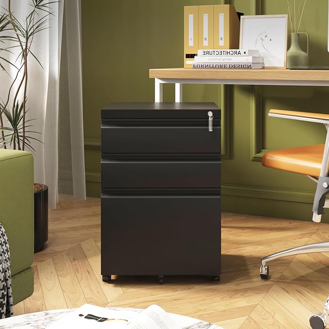 Approgreent 3 Drawer File Cabinet for Home Office, Under Desk Mobile Filing Cabinet with Lock for A4-Size/Letter-Size/Legal-Size, Black (HSEJ-3D)