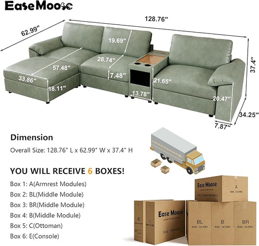 EASE MOOSE Leather Sectional Couch with Console,Oversized Modular Sectional Sofas,Wide Deep Seat Modular Couch,Scratch Resistant Faux Leather Material,L Shaped Sofa for Big Spaces,Green