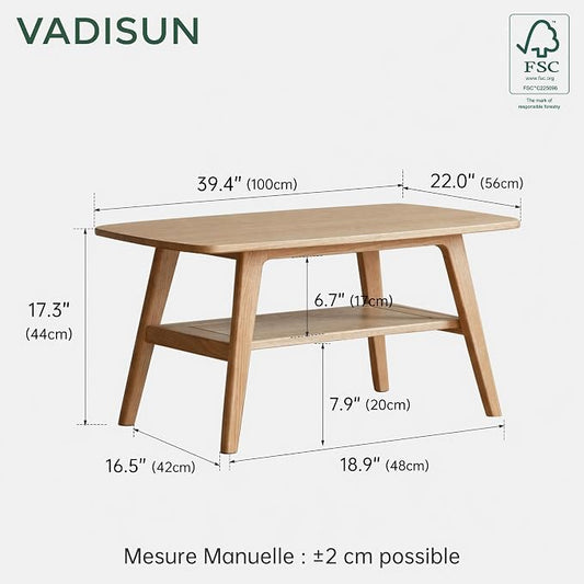 100% Solid Wood Coffee Table for Living Room, 39.37" Mid Century Modern Small Tables with Shelf Storage, 2-Tier Coffee Table with Rounded Corners (Oak Wood Log Color, 39.37" L)