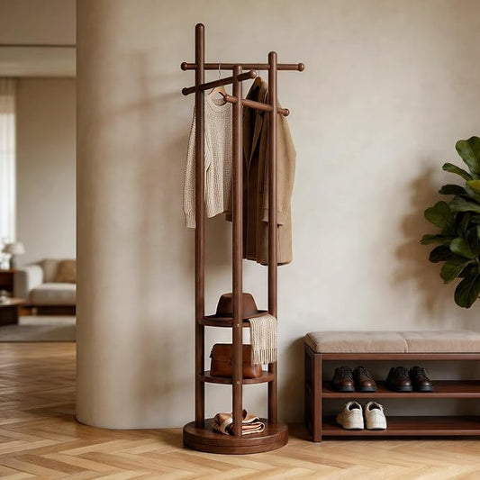 Coat Rack Freestanding, Solid Wood Coat Tree with 6 Hooks and 3 Storage Shelves for Bedroom, Entryway Living Room, Office, Corner Hanger Stand for Purse, Bag, Jacket, Hat