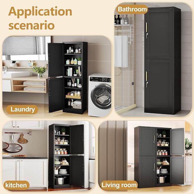 Tall Narrow Slim Metal Storage Cabinet with Lock 2 Doors and Shelves,Steel File Cabinets,Kitchen Pantry Cabinet Locker Organizer - 67" Locker Storage Cabinets for Bathroom,Bedroom,Office,Black