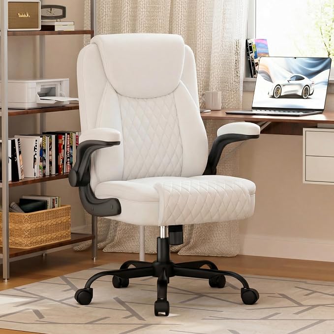 GTPLAYER Leather Office Chair, Home Desk Chair with Flip-up Arms and Ergonomic Back - Comfy Heavy Duty Executive Chair for Home Office Gaming, White