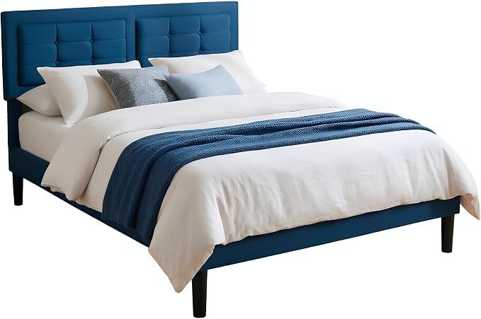 VECELO Full Size Bed Frame, Adjustable Upholstered Button Tufted Headboard, Heavy-Duty Bedframe with Wood Slats Support, No Box Spring Needed, Aegean Blue
