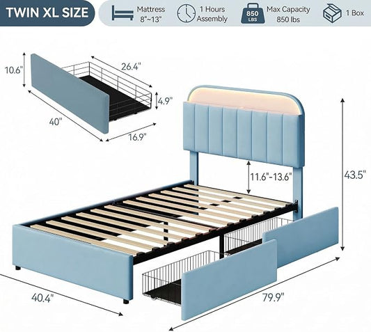 GarveeHome Twin XL Bed Frame with Storage Headboard, Kids Bed Frame with 2 Drawers, Velvet Upholstered Platform Bed Frame with Lights, No Box Spring Needed, Easy Assembly, Velvet Blue