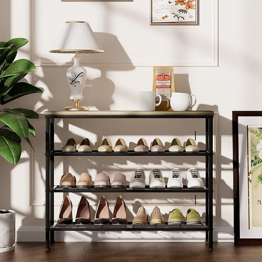 4-Tier Metal Shoe Rack with Wood Top - Durable & Space-Saving Shoe Organizer,Industrial Shoe Organizer Shelf Bench Storagefor Closet Entryway, Bedroom & Hallway - Gray + Black 28.5 W × 25.5" H