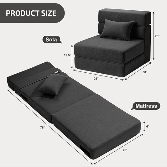 SUYOLS Folding Sofa Bed with Pillow- Convertible Chair Floor Couch & Sleeping Mattress, Foldable Memory Foam Sleeper for Living Room/Dorm/Guest Room/Home Office/Apartment/Loft, Single26, Dark Gray