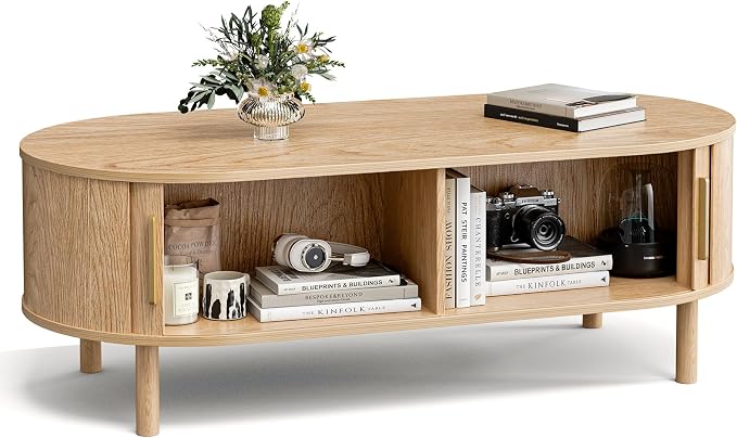 ZttRiee Oval Coffee Table with Sliding Doors, Modern, Natural | 47.24"L x 21.65"W x 16.14"H, 200 lbs capacity, 2 front & back storage areas, ~60 min assembly