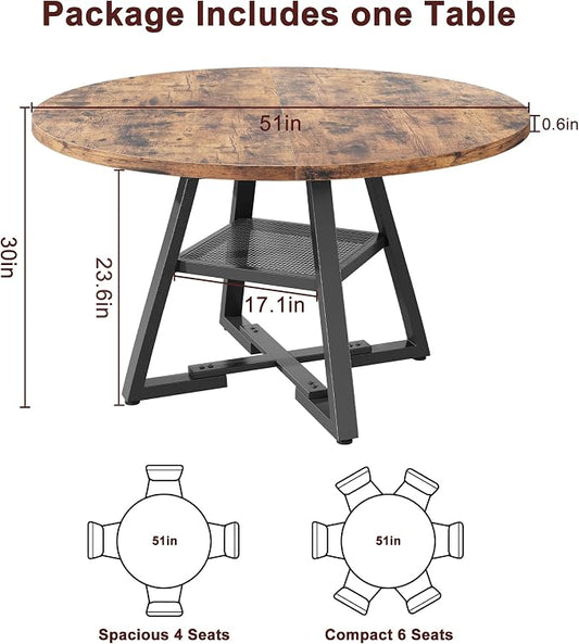 Jocoevol 51'' Round Dining Table for 6,Kitchen Dining Room Circle Dinner Pedestal Table,Space Saving Wood Kitchen & Dining Room Furniture (Vintage, 51In)