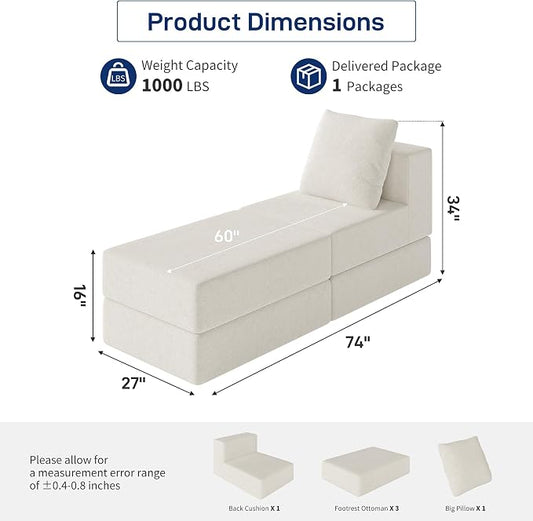 Living&Giving Cloud Sectional Couch for Living Room, Modular Boneless Couch with 1 Ottoman, Middle-seat Can Be Combined with Modular Sofa, Customizable Layout for Any Space, Beige