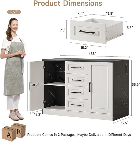 ONBRILL 47.3" Kitchen Island with 2 Storage Cabinets & 4 Drawers, Modern Imitation Marble Dining Table with Power Outlet, Island Bar Table for Kitchen, Dining Room, Living Room, Black