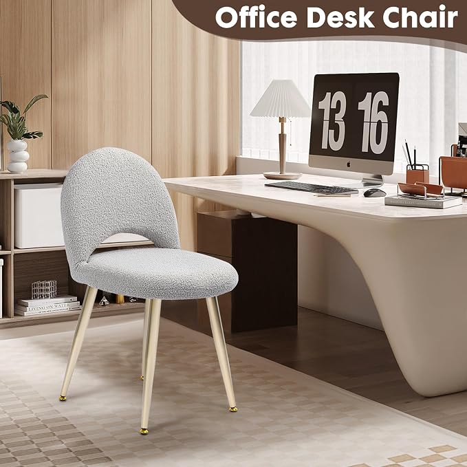 Vanity Chair with Backrest, Boucle Upholstery Armless Makeup Stool, Gray Vanity Stool with Gold Metal Legs for Bedroom Living Room Kitchen Dinning Room (Gold and Light Gray)