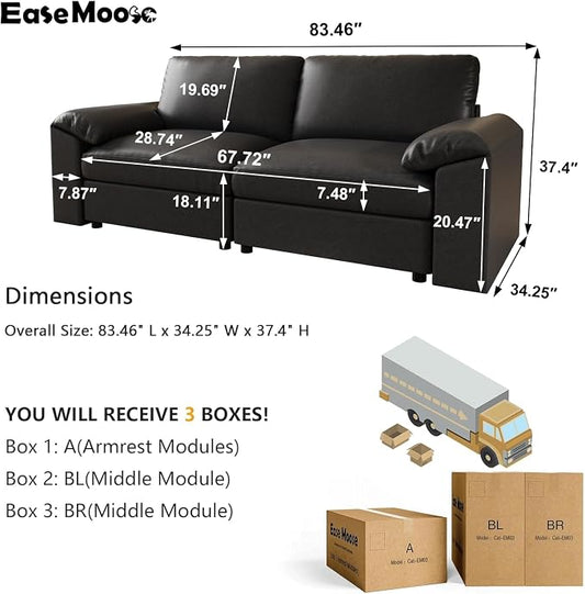 EASE MOOSE Loveseat Sofa for Living Room,Oversized Deep Seat Modular Sectional,Classic Comfy 2 Seater Sofas,Scratch Resistant Faux Leather Couch for Small Spaces, Black