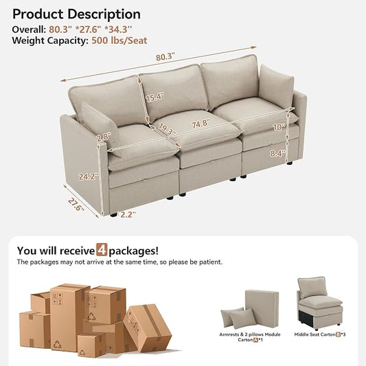 80" Beige Faux Leather Storage 3 Seater Sofa, Modular Sectional Cloud Sofa | Modern Deep Seat Cloud Upholstered Sofa with Armrest, Convertible 3 Seater Comfy Sofa for Living Room, Bedroom, Small spaces