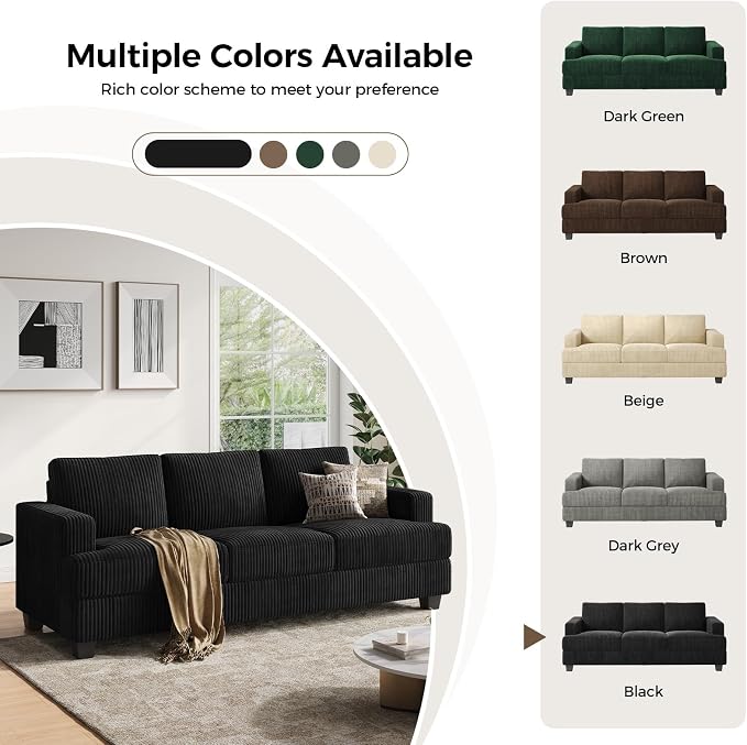 COPIAE 89 Inch Sofa with Extra Deep Seats Oversize, 3 Seater Sofa for Living Room, Modern Couch and Sofa, Comfy Armrests and Seats and Backrests, Easy Installation,Wide Corduroy Fabric Black