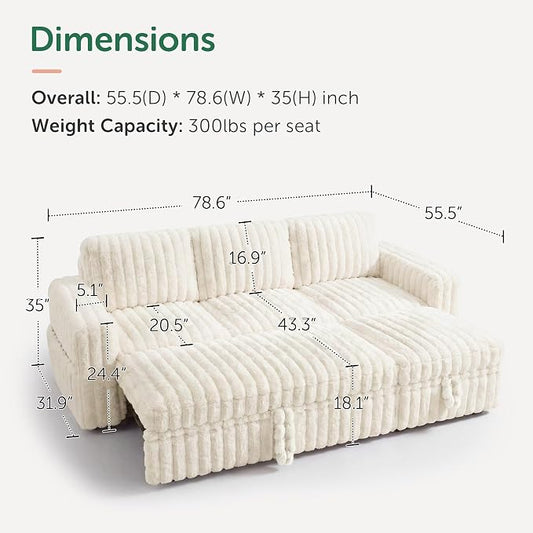 HONBAY Plush Corduroy Modular Sectional Sofa with Pull Out Bed L Shaped Sleeper Sofa with Storage Sectional Couches for Living Room,Plush Beige