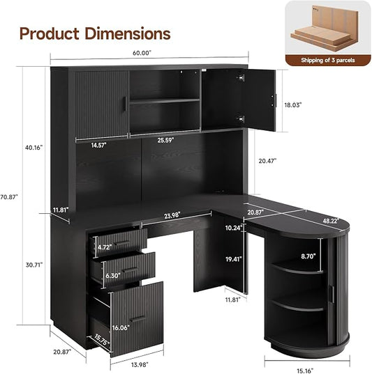 ONBRILL 70.87“H L Shaped Executive Desks with Hutch, Fluted Corner Desk with 3 Drawers & Charging Outlets, Mid-Century Wood Home Office Desk with Sliding Door for Work and Study,Black