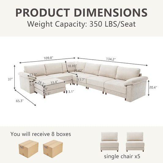 Oversized Modular Cloud Couch with Removable Washable Cover, L/V-Shaped Sectional for Large Living Room, Plush Chenille & Deep Seat(Beige)
