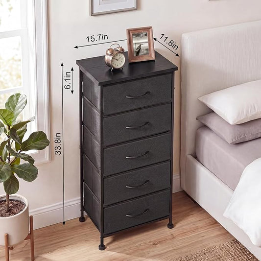 Fixwal Black Tall Skinny Dresser for Bedroom, Narrow Storage Dresser Organizer with 5 Fabric Drawers, Nightstand Furniture in Closet, Entryway, Hallway