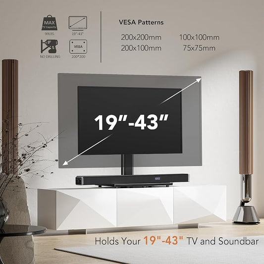 Universal Swivel TV/Table Top TV Stand for 19 to 43 inch TVs with 90 Degree Swivel, 4 Level Height Adjustable, Heavy Duty Tempered Glass Base, Holds up to 99LBS HT02B-001