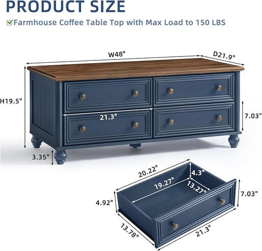 RWYHG 48" Farmhouse Coffee Table with Hidden Storage,Wooden Coffee Tables with 4 Drawers & Roman Column Handle,Rectangular Rustic Center Table with Solid Wood Curved Legs for Living Room,Office,Blue