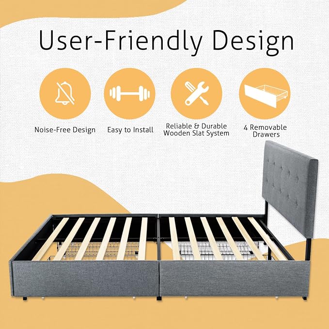 SHA CERLIN Upholstered Full Size Platform Bed Frame with 4 Storage Drawers, Adjustable Headboard with Square Stitched Button Tufted Design, Wooden Slat Support, No Box Spring Needed, Light Grey