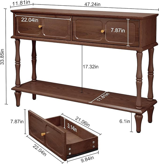 ARTPOWER Console Table with Drawers for Entryway, Mid-Century Entryway Table with Storage, Brown Narrow Entryway Table with Open Shelf Behind Sofa for Living Room, Foyer, Hallway