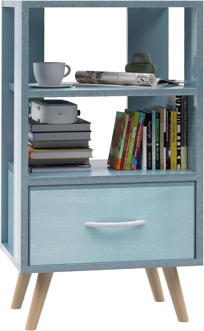 Aenuert Night Stand, Blue Nightstand with Drawer, Side Table with Open Storage, 3-Tier Modern End Table, Bedside Table for Small Space, Living Room, Bedroom