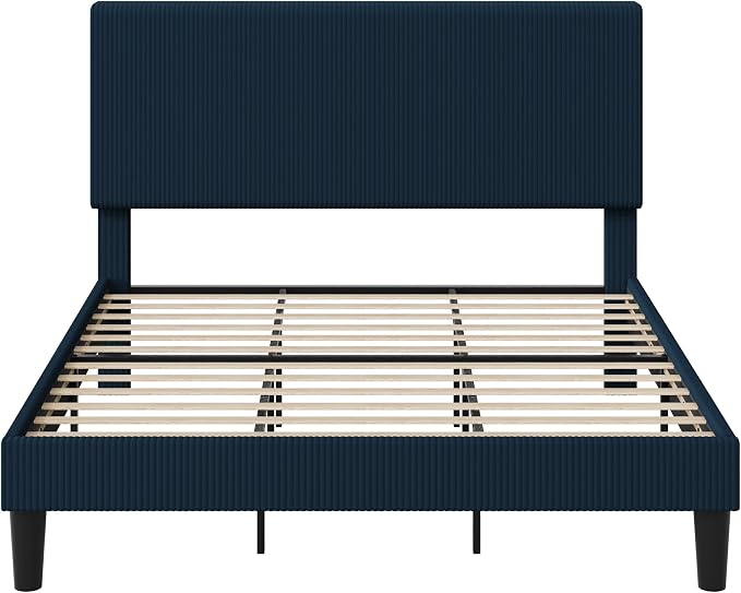 Allewie King Size Upholstered Bed Frame with Vertical Channel Tufted Headboard, Soft Corduroy Fabric Platform Bed, Strong Wooden Slats Support, Easy Assembly, No Box Spring Needed, Dark Blue