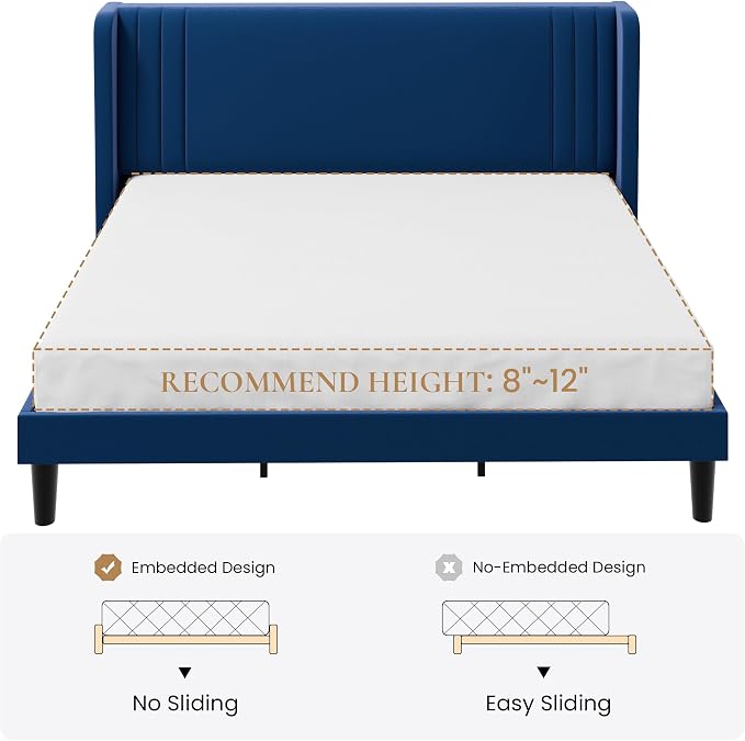 SHA CERLIN King Size Velvet Upholstered Platform Bed Frame with Vertical Channel Tufted Wingback Headboard, Wooden Slats Support, Easy Assembly, Under Bed Storage, No Box Spring Required, Blue