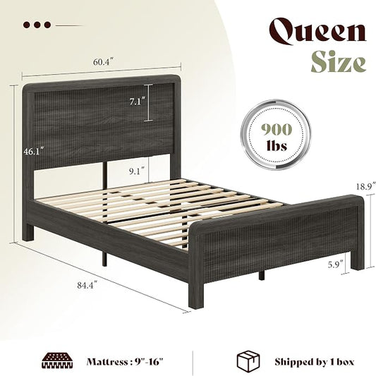 AMERLIFE 3-Piece Modern Fluted Bedroom Furniture Set, Including Wood Queen Size Bed Frame with Headboard & Footboard and Storage Night Stand Set of 2, Wooden Bedframe and Nightstand Sets, Black