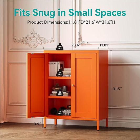 Metal Floor Storage Cabinet, Small Freestanding Sideboard Storage with 2 Adjustable Shelves for Bathroom Entryway Living Room Dining Room Coffee bar,11.8"D x 23.6"W x 31.5"H,3-Tier,Orange