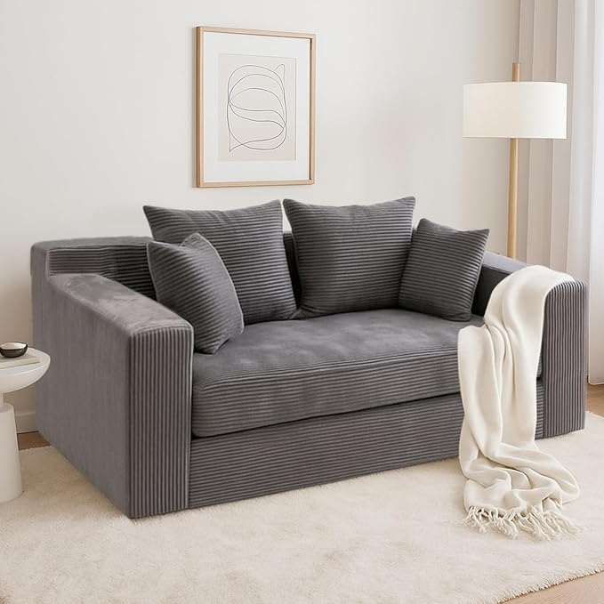 cidludto Convertible Sofa Bed, 3 in 1 Loveseat Folding Couch Bed Foldable - Boneless Couch & Floor Futon, Corduroy Pull Out Sofa Bed with 4 Pillows for Living Room, Grey
