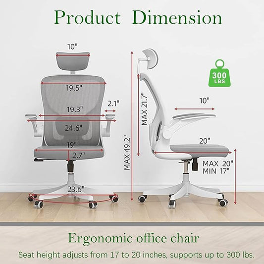 Ergonomic Office Chair, High-Back Mesh Computer Desk Chair with Adjustable Height, Lumbar Support, Flip-Up Armrests,headrest,and Swivel Rolling Design for Home and Office Use