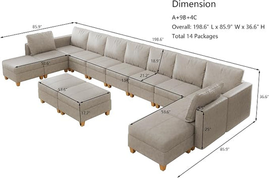 EASE MOOSE Faux Leather Modular Couch Sectional Sofa with Storage Ottomans, Oversized U Shaped Couch, Whitesand