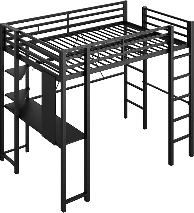 Shintenchi Loft Bed Full Size with Desk and Storage Shelves, Frame with 2 Side Ladders for Kids, Teens Adults, Spcace-Saving Noise-Free and Anti-tilt Design, Black