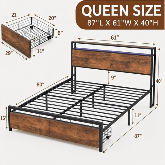 Zevemomo Queen Size Bed Frame with Storage Drawers, Bed Frame Queen Size with Headboard, LED Light, Charging Station with 3 USB Ports & 1 Type-C Port, Noiseless, Rustic Brown