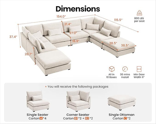 154" Oversized Chenille Couch Modular Sectional Sofa, Washable Cloud Couch Sectional with 4 Ottoman, 8 Seater Sectional Couches for Living Room, Fully Cover Removable, Sleeper Sofa, Chenille, White