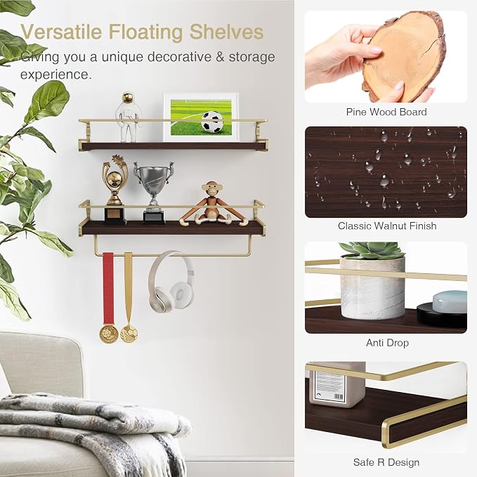 Floating Shelves Bathroom Shelves Over Toilet Set of 2, Bathroom Wall Shelves with Towel Bar, Wall Mounted Vanity Shelf for Bedroom, Kids Room, Kitchen (Brown & Gold)